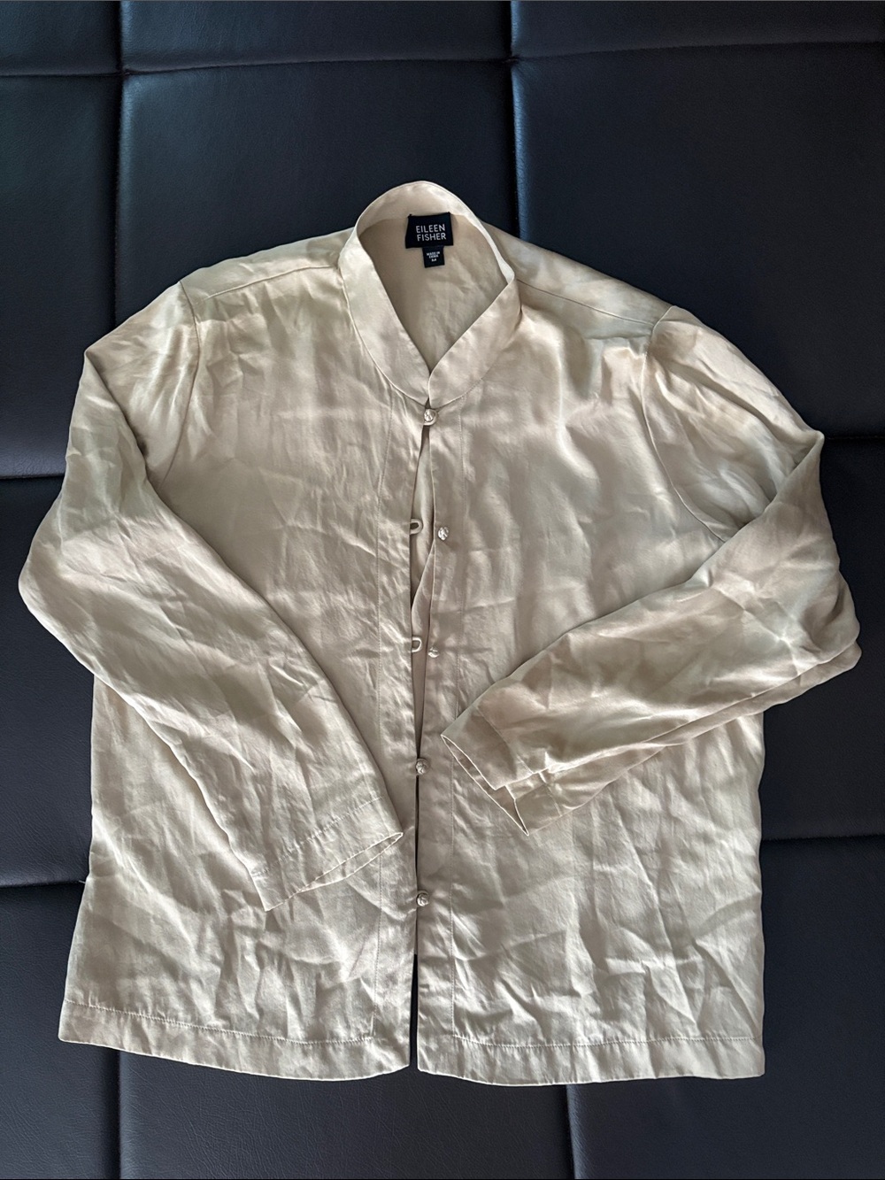 Eileen Fisher Light Cream Mandarin-Collar 100% Silk Blouse